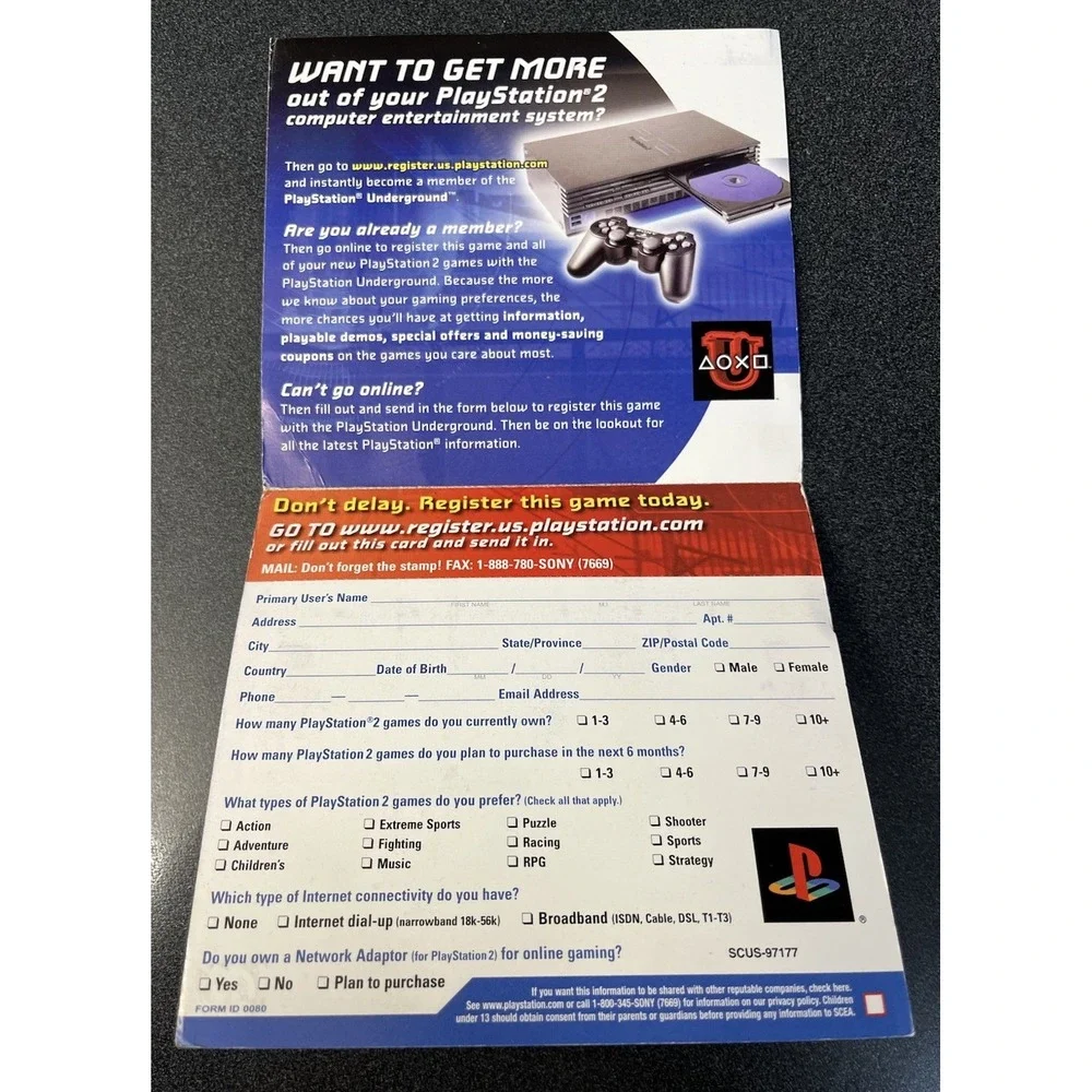 Playstation 2 PS2 Underground Product Foldout Registration Card